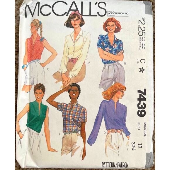 UNCUT Vintage 1980s McCalls 7439 Sewing Pattern Size 10 Button Up Shirt Top - Picture 1 of 2